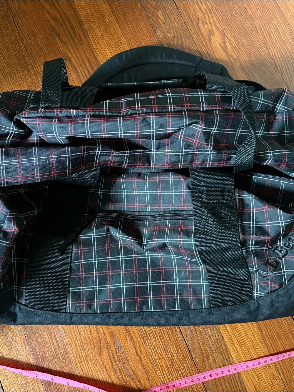 L.L. Bean Black Plaid Duffel Bag with Red and Green Accents